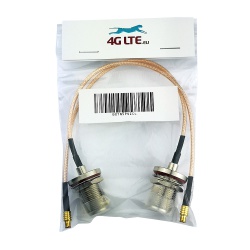 A pair of straight MCX Male to N Bulkhead Female gold cable assembly