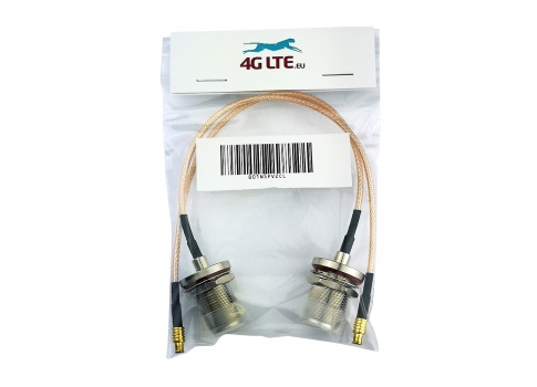 A pair of straight MCX Male to N Bulkhead Female gold cable assembly